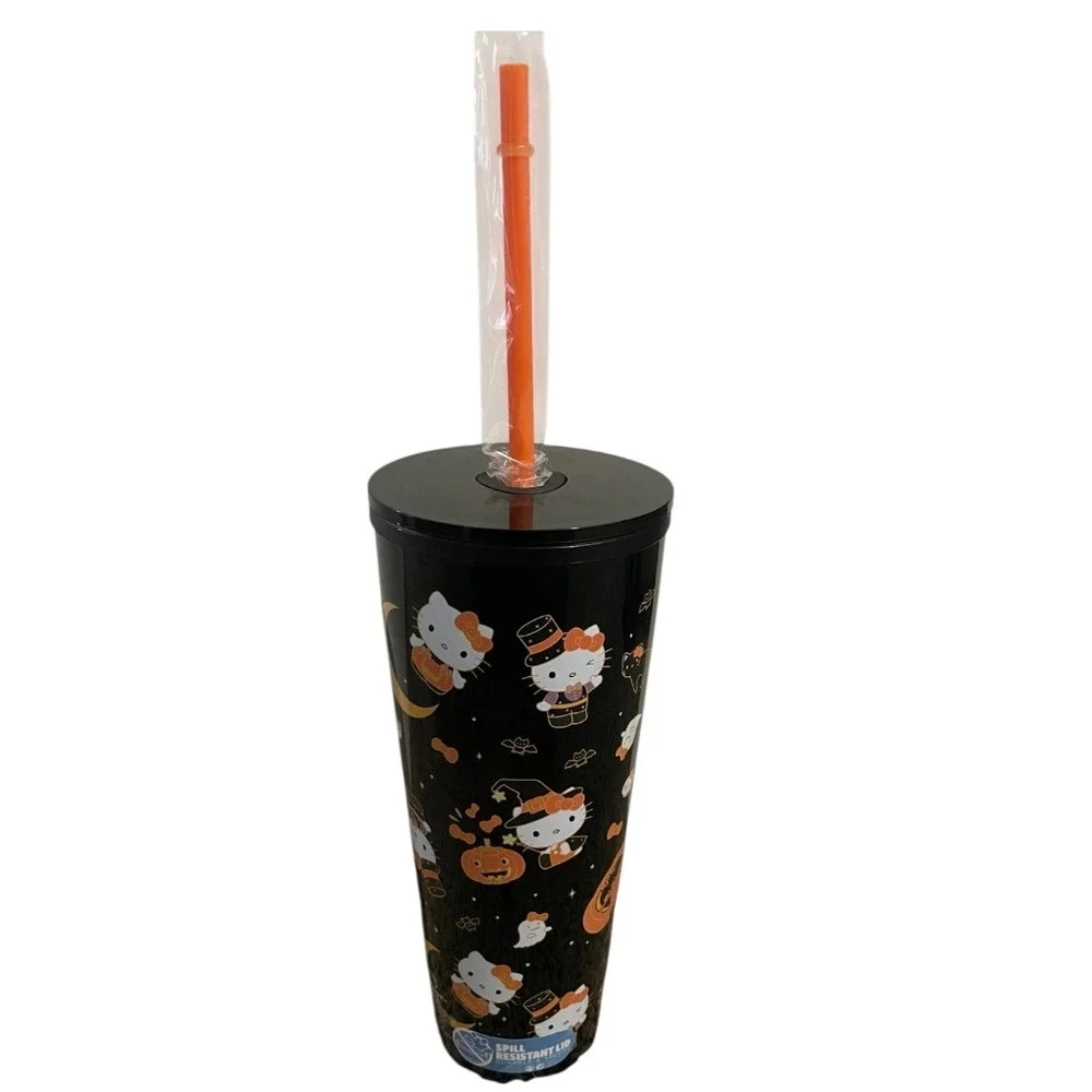 Hello Kitty Halloween Tumbler Cup With Straw Black Orange Pumpkin Witch Design